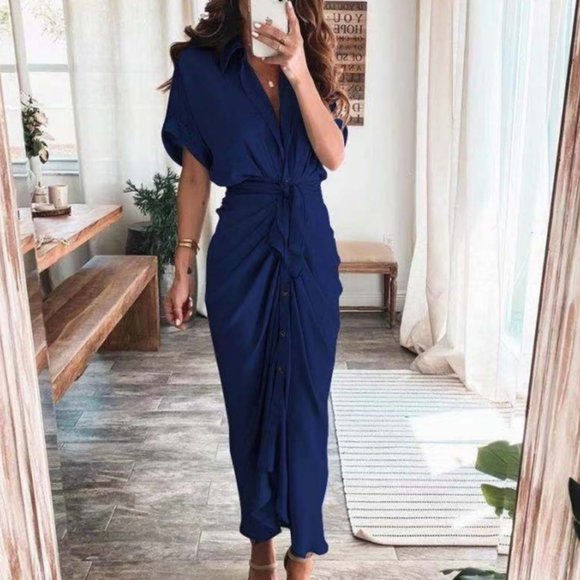 Dresses & Skirts - Women's Solid color pleated short sleeve shirt dress